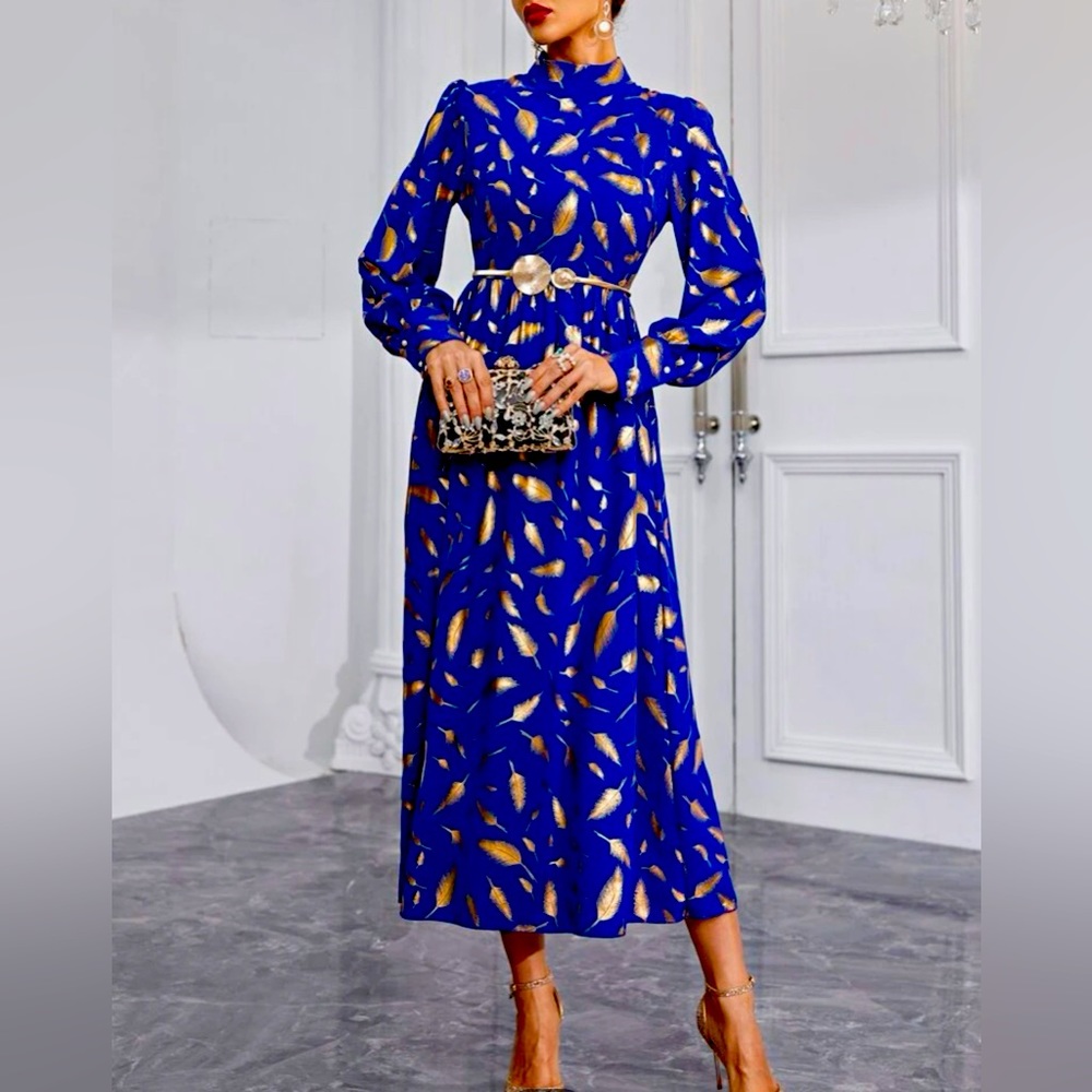 Mock neck allover feather print dress